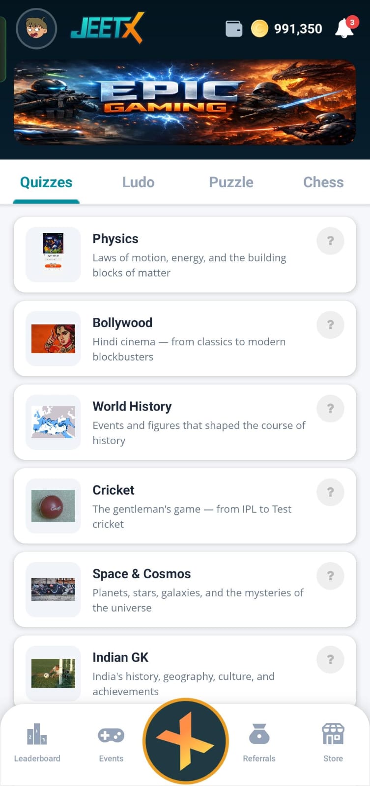 JeetX app home dashboard showing quiz categories and wallet balance