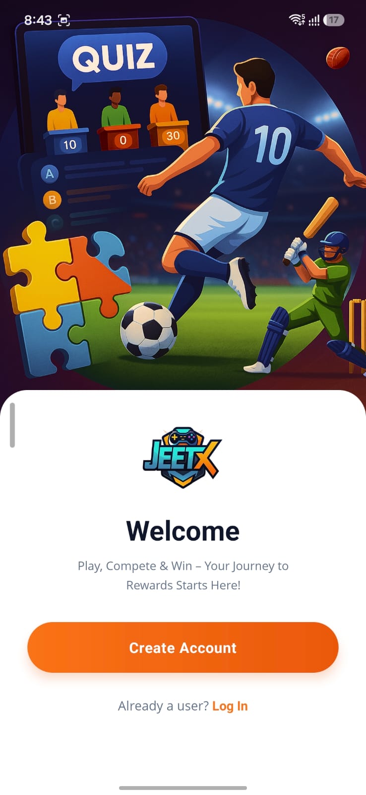 JeetX onboarding screen featuring puzzle pieces artwork